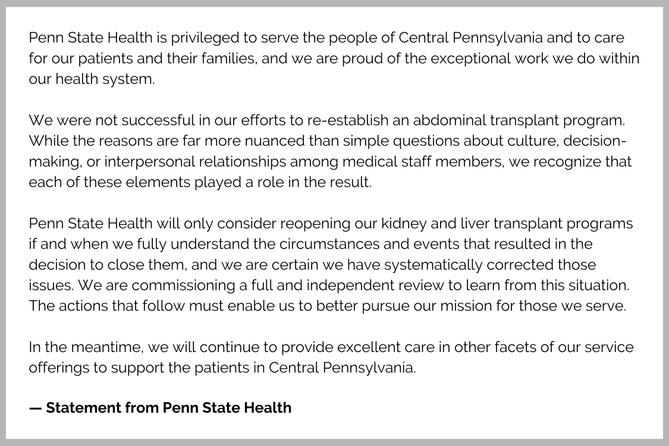 Statement from Penn State Health