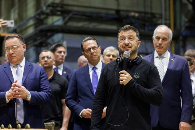 Ukraine President Volodymyr Zelenskyy with Gov. Josh Shapiro (D) and U.S. Sen. Bob Casey (D., Pa.) looking on.