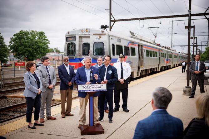 State Sen. Frank Farry (center) spoke at a May news conference to support more funding for SEPTA.