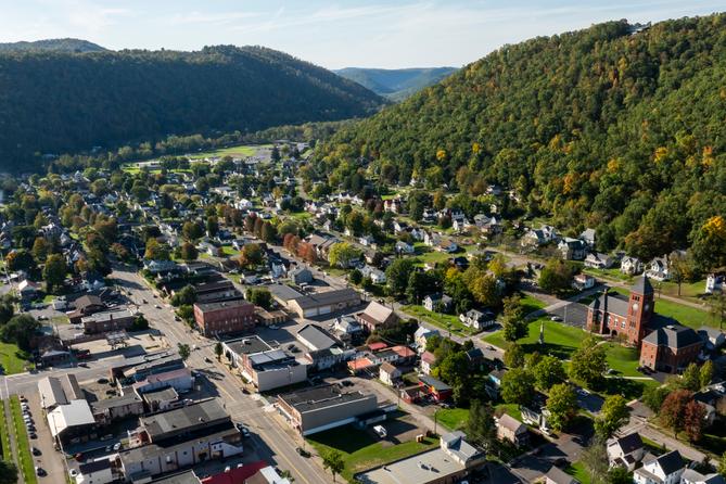 Emporium, the county seat of Cameron County, Pennsylvania, as seen from above.