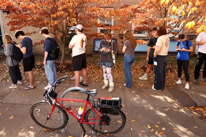 College students wait in line at the Oakland Career Center near the University of Pittsburgh on Nov. 5, 2024.