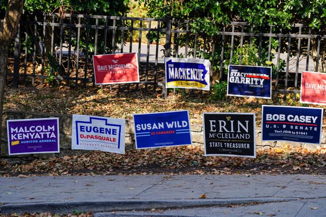 Campaign signs are shown outside Kirby Sports Center on Nov. 5, 2024, in Easton, Northampton County, Pennsylvania.