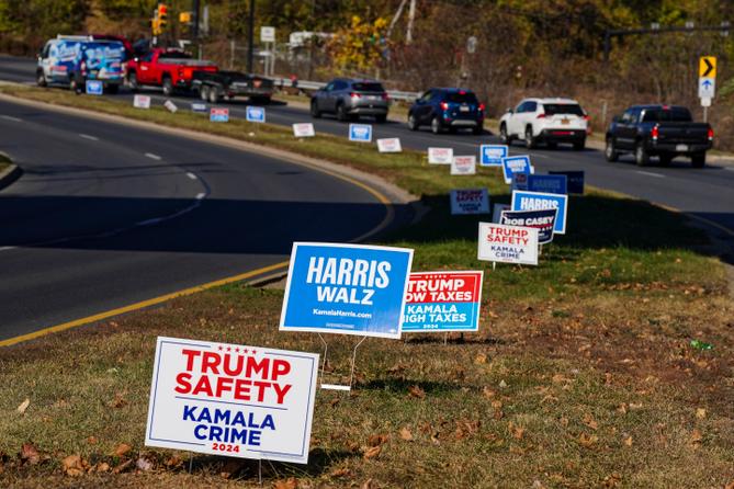 Campaign signs are displayed along Hellertown Road in Bethlehem, Northampton County, Pennsylvania.