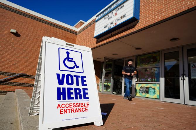 A voting sign is displayed Nov. 5, 2024, at Sheridan Elementary School in Allentown, Lehigh County, Pennsylvania.