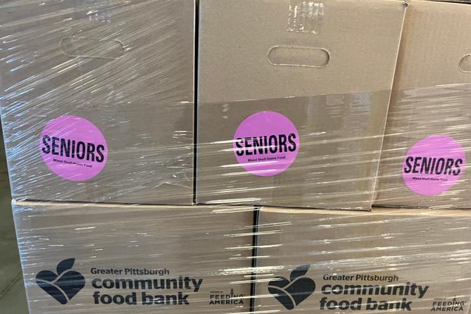 Senior food boxes packed by the Greater Pittsburgh Community Food Bank.