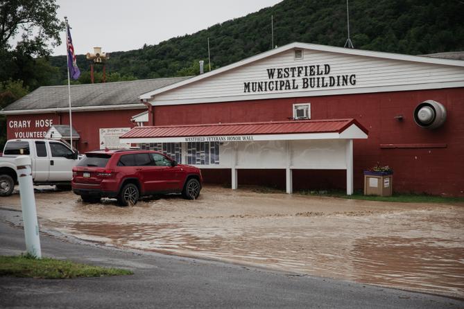 Flooding in Westfield, Tioga County, during Tropical Storm Debby in August 2024.