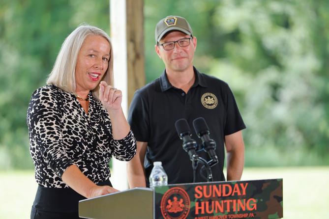 State Rep. Mandy Steele (D., Allegheny) and Democratic Gov. Josh Shapiro at the Sunday hunting bill signing. State Rep. Mandy Steele (D., Allegheny) and Democratic Gov. Josh Shapiro at the Sunday hunting bill signing.