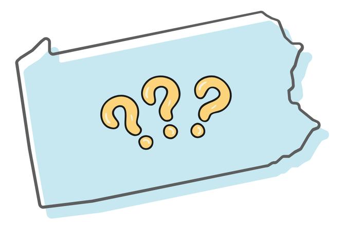 An outline of Pennsylvania with 3 question marks in the center An outline of Pennsylvania with 3 question marks in the center