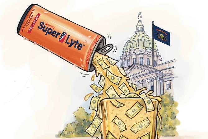 Illustration of an orange vodka cocktail can pouring liquid and dollar bills into an overflowing container in front of the Pennsylvania State Capitol. Illustration of an orange vodka cocktail can pouring liquid and dollar bills into an overflowing container in front of the Pennsylvania State Capitol.