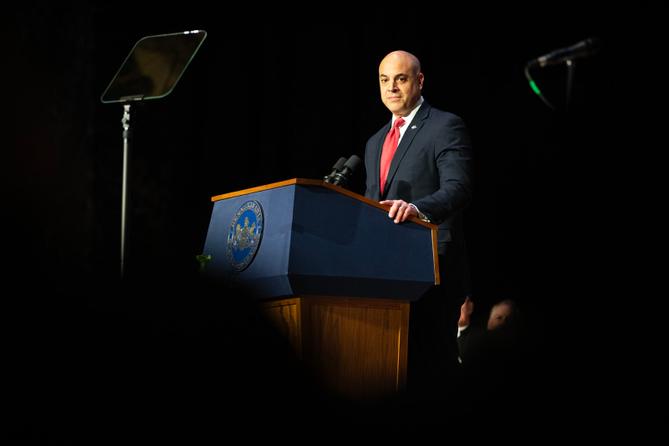 Attorney General Dave Sunday speaks after taking the oath of office in Harrisburg on Jan. 21, 2025.