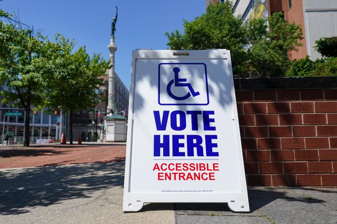 A “Vote Here” sign is shown May 19, 2026, at Lehigh County Government Center in Allentown, Lehigh County, Pennsylvania. A “Vote Here” sign is shown May 19, 2026, at Lehigh County Government Center in Allentown, Lehigh County, Pennsylvania.