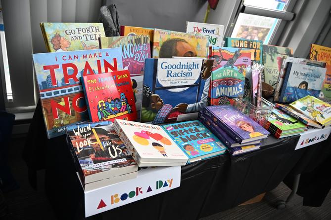 A table full of children’s books.