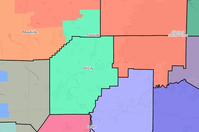 Proposed District 64 (shown in green) meets the standard for compactness, keeping Venango County whole and using only a geographically close and compact section of a neighboring county.