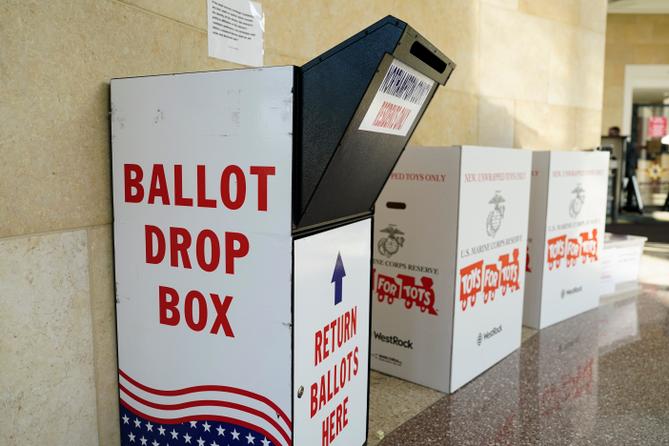 A mail-in ballot drop box is displayed Nov. 7, 2023, at Northampton County Courthouse in Easton, Pennsylvania.