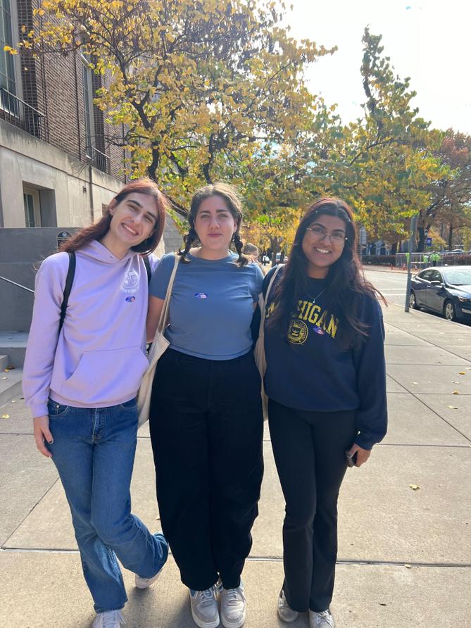 Carnegie Mellon University students Will Schremmer, Quincy Mangi, and Anika Bhawalkar pose for a photo on Election Day in November 2024.